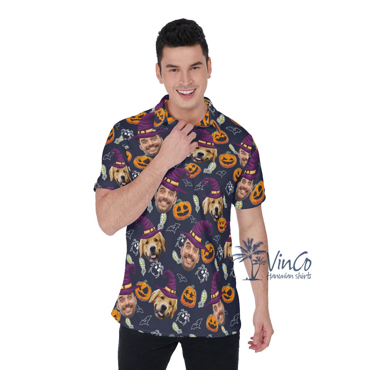 Custom Photo Faces Halloween Hawaiian Polo Golf Shirt For Men - variant image 1