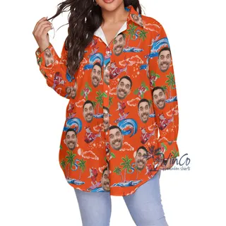 Funny Santa Claus Christmas Orange Hawaiian Plus Size Shirt With Custom Face