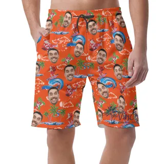 Funny Santa Claus Surfing Christmas Hawaiian Beach Shorts With Custom Face