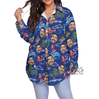 Tropical Santa Surfing Hawaiian Christmas Blouse Shirt With Custom Face