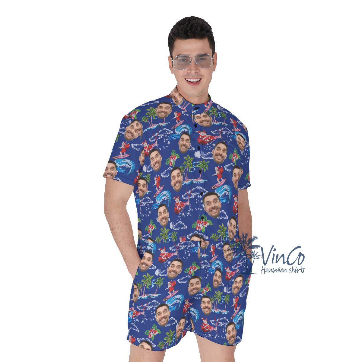 Custom Surfing Santa Christmas Hawaiian Romper With Face - variant image 1