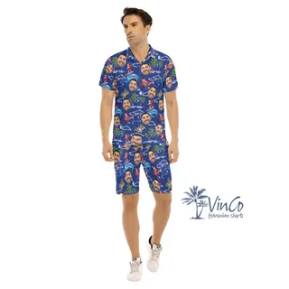 Set Custom Face Santa Christmas Navy Hawaiian Shirt And Shorts For Men