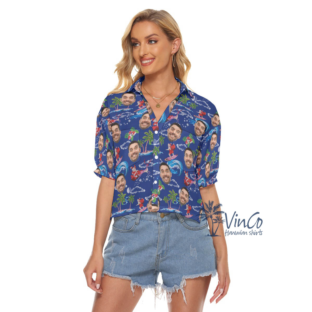 Funny Santa Claus Surfing Christmas Hawaiian Crop Top Shirt With Custom Face - variant image 1