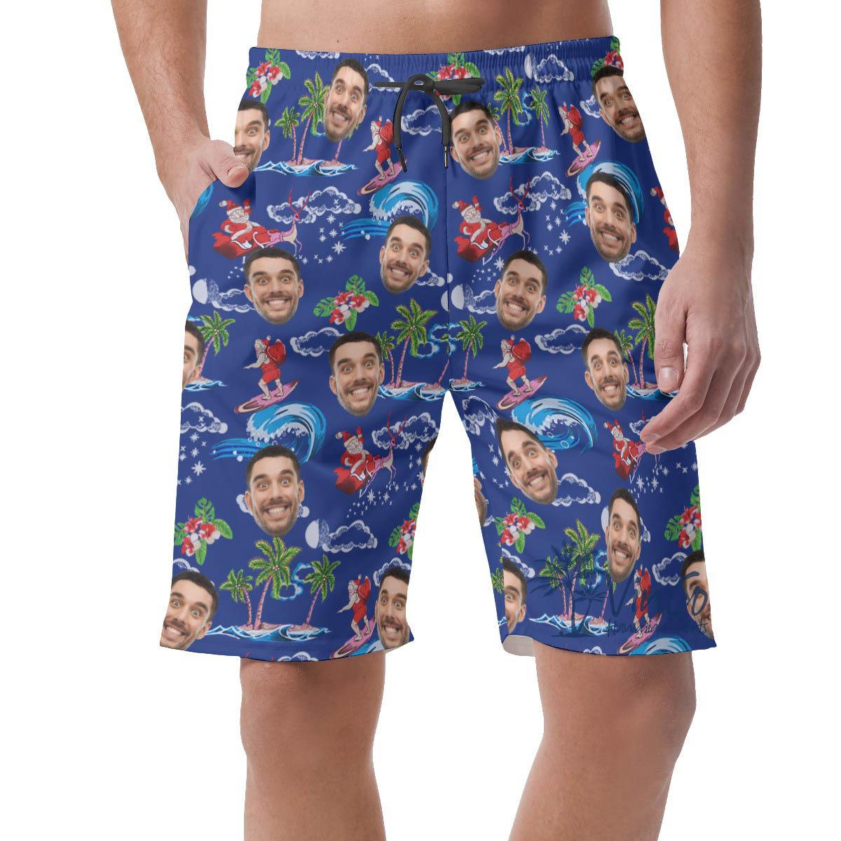Funny Custom Face Santa Christmas Hawaiian Beach Shorts For Men - variant image 1