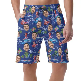 Funny Custom Face Santa Christmas Hawaiian Beach Shorts For Men