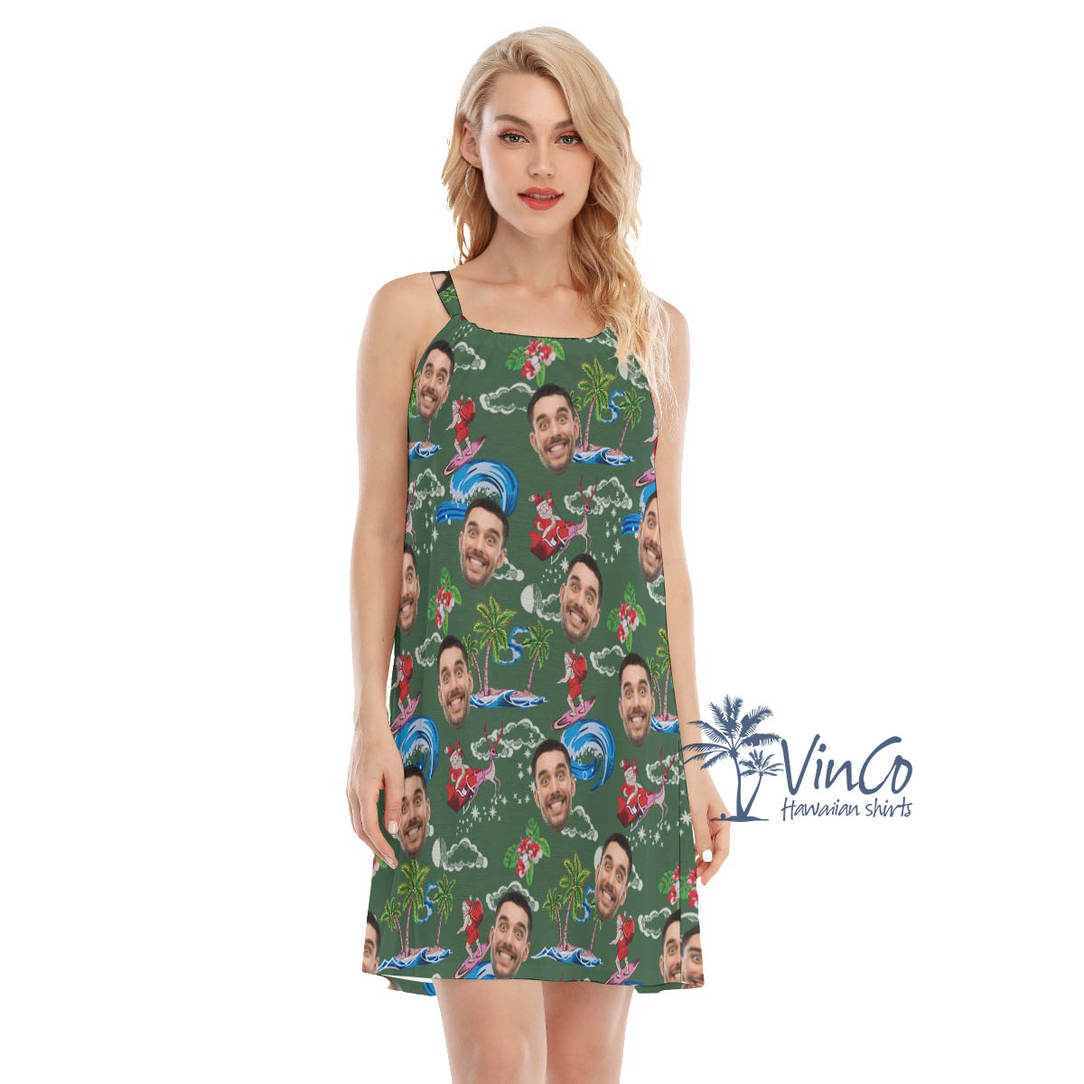 Funny Custom Face Santa Claus Surfing Green Hawaiian Shirt - variant image 1