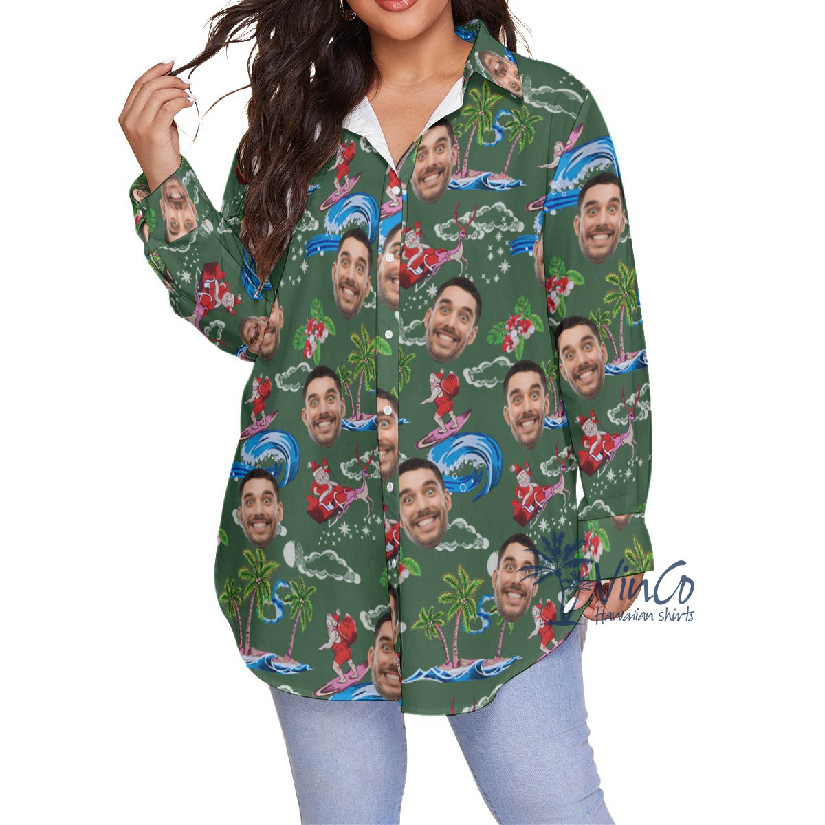 Funny Custom Face Santa Surfing Green Hawaiian Plus Size Shirt - variant image 1