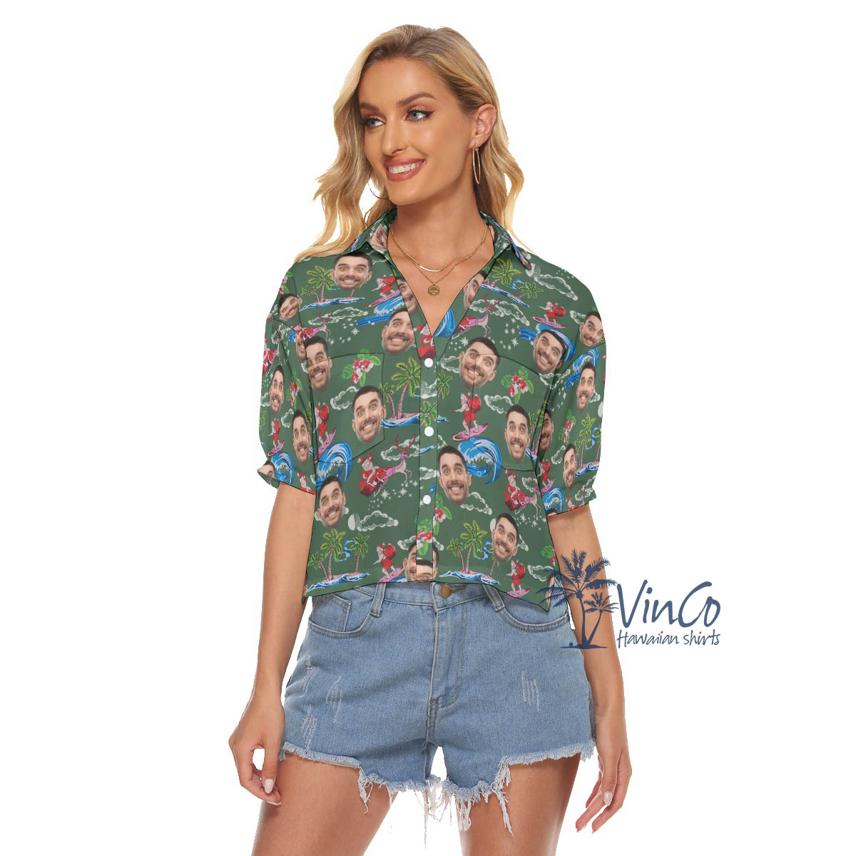 Funny Santa Surfing Christmas Hawaiian Crop Top Shirt With Custom Face - variant image 1