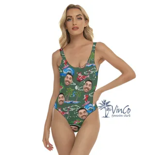 Funny Custom Face Surfing Santa Christmas Hawaiian Swimsuit