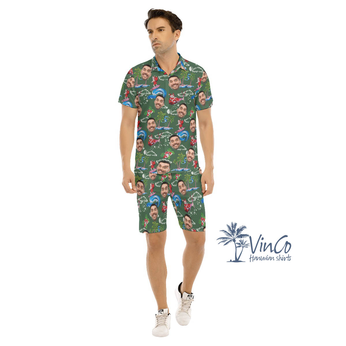 Set Tropical Custom Face Santa Christmas Hawaiian Shirt And Shorts For Men - variant image 1