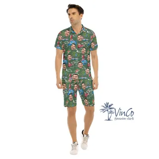 Set Tropical Custom Face Santa Christmas Hawaiian Shirt And Shorts For Men