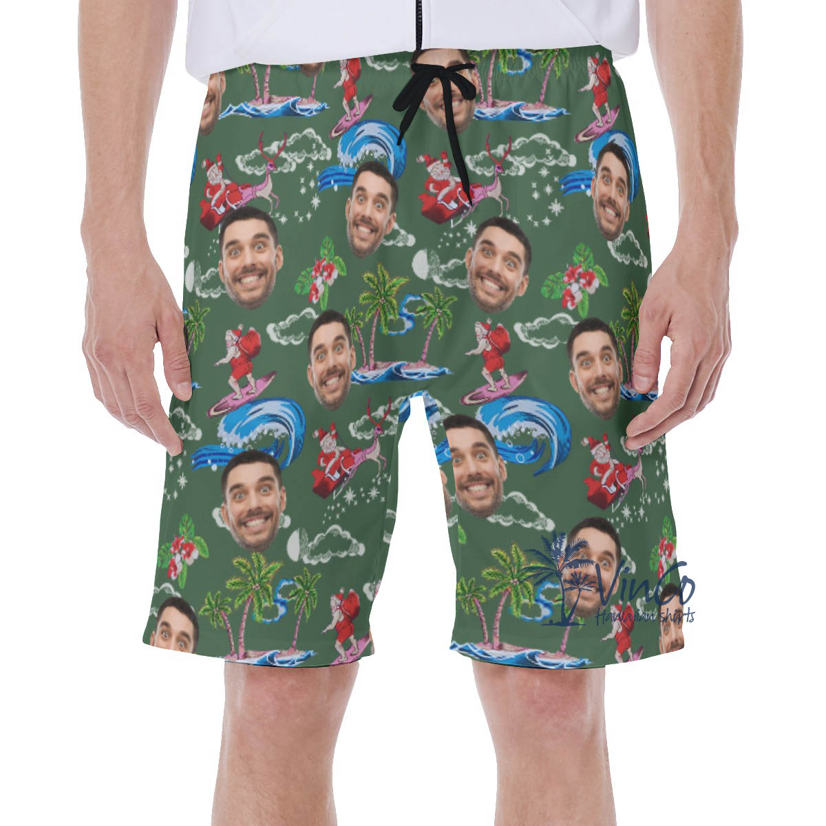 Funny Custom Face Santa Surfing Christmas Hawaiian Swim Trunks For Men - variant image 1