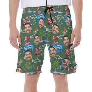 Funny Custom Face Santa Surfing Christmas Hawaiian Swim Trunks For Men