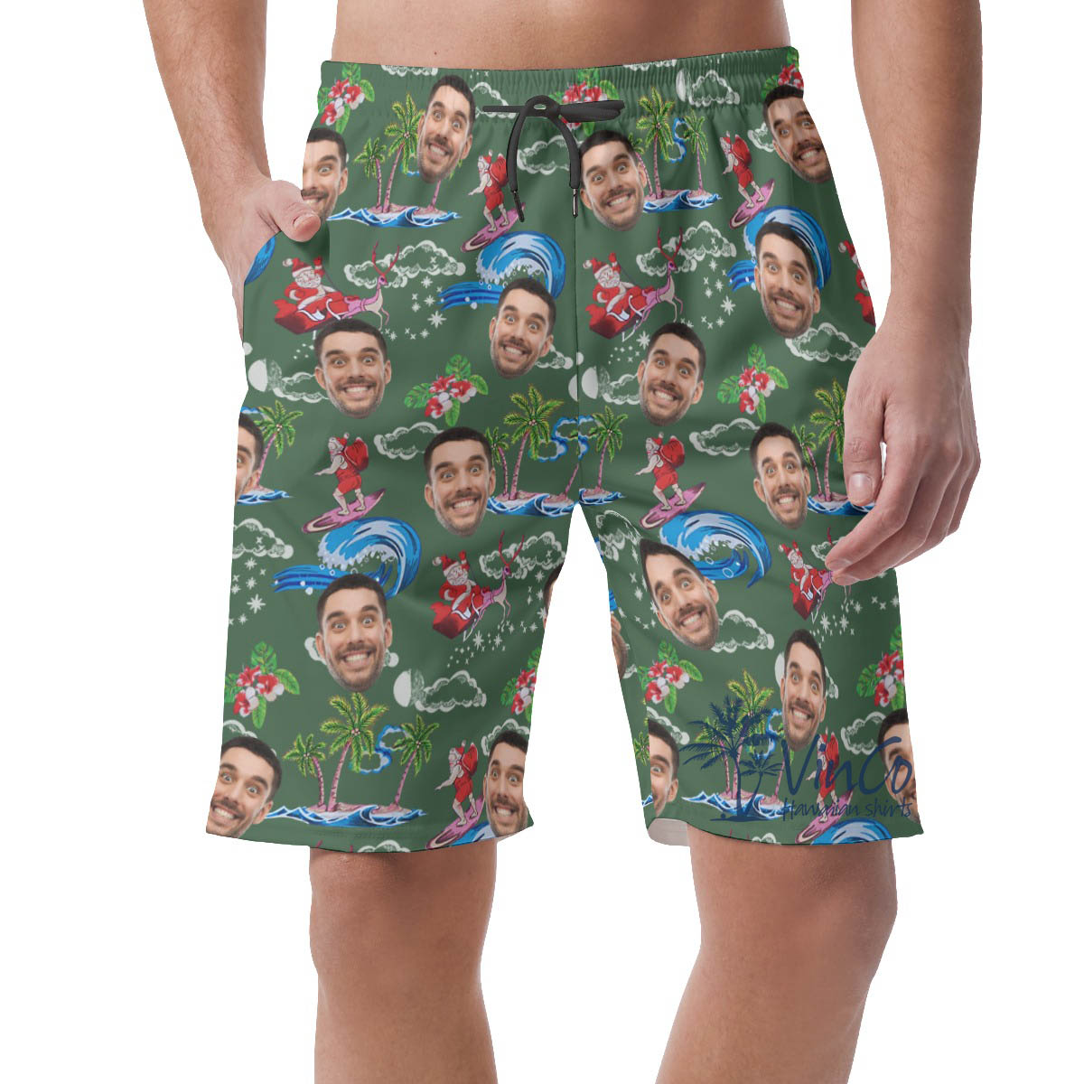 Funny Custom Face Santa Christmas Green Hawaiian Beach Shorts For Men - variant image 1