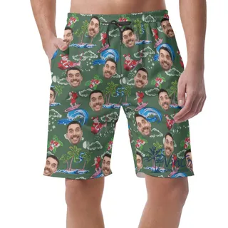 Funny Custom Face Santa Christmas Green Hawaiian Beach Shorts For Men