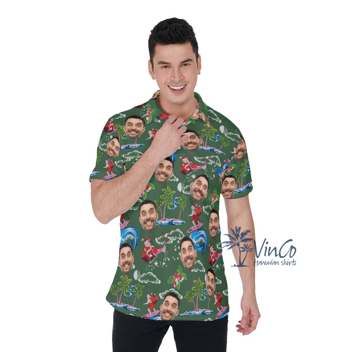 Funny Christmas Santa Surfing Custom Face Hawaiian Polo Shirt - variant image 1
