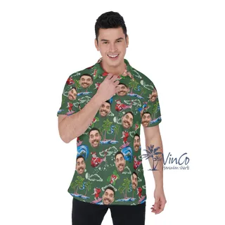 Funny Christmas Santa Surfing Custom Face Hawaiian Polo Shirt