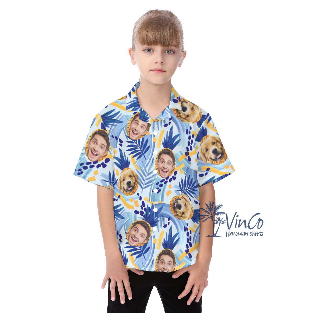 Funny Tropical Pineapples Custom Photo Hawaiian Shirt For Kids With 2 Faces - variant image 1