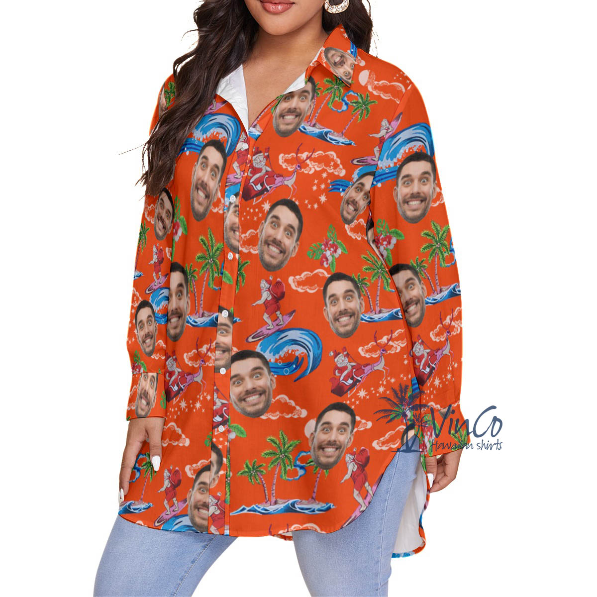 Funny Santa Claus Christmas Orange Hawaiian Plus Size Shirt With Custom Face