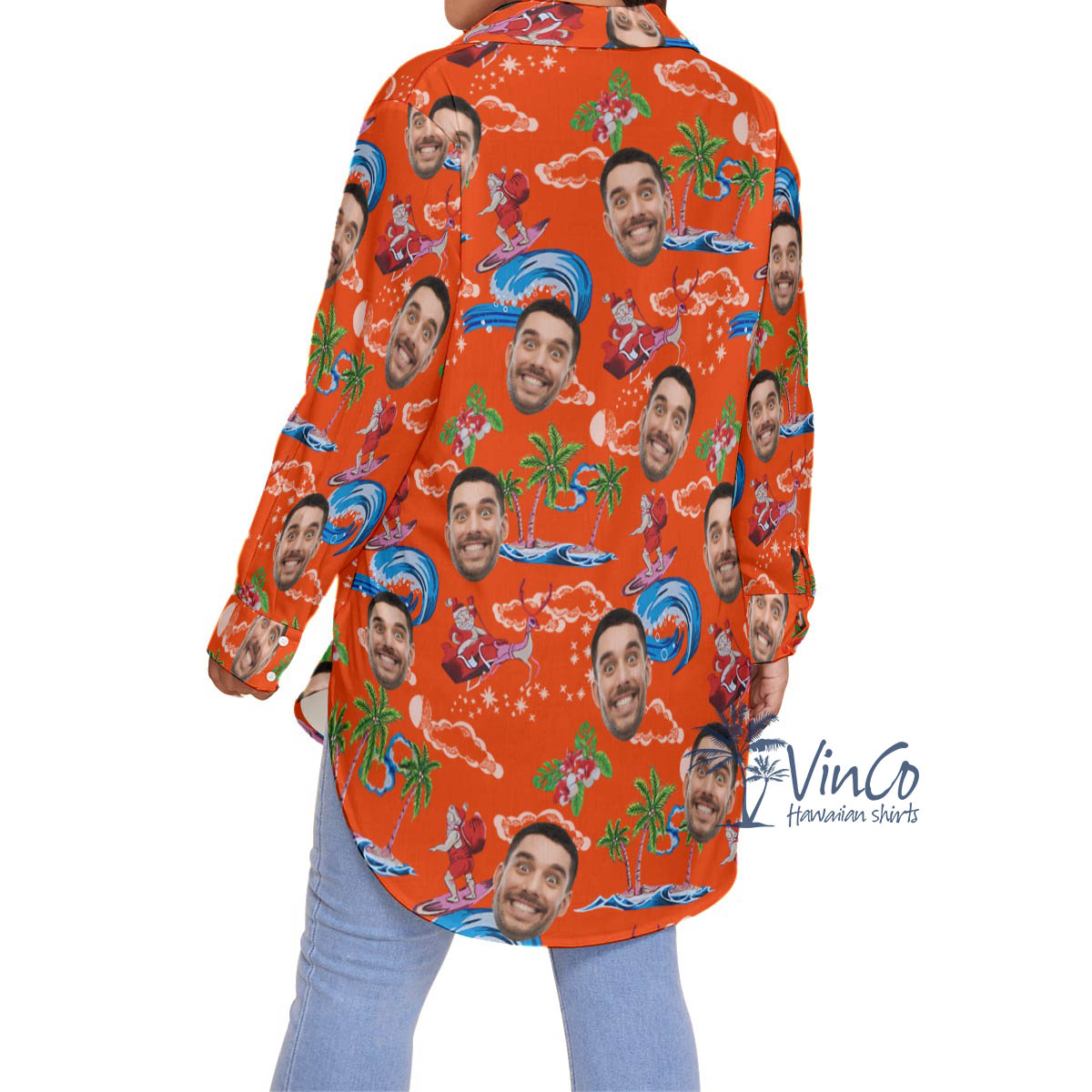 Funny Santa Claus Christmas Orange Hawaiian Plus Size Shirt With Custom Face