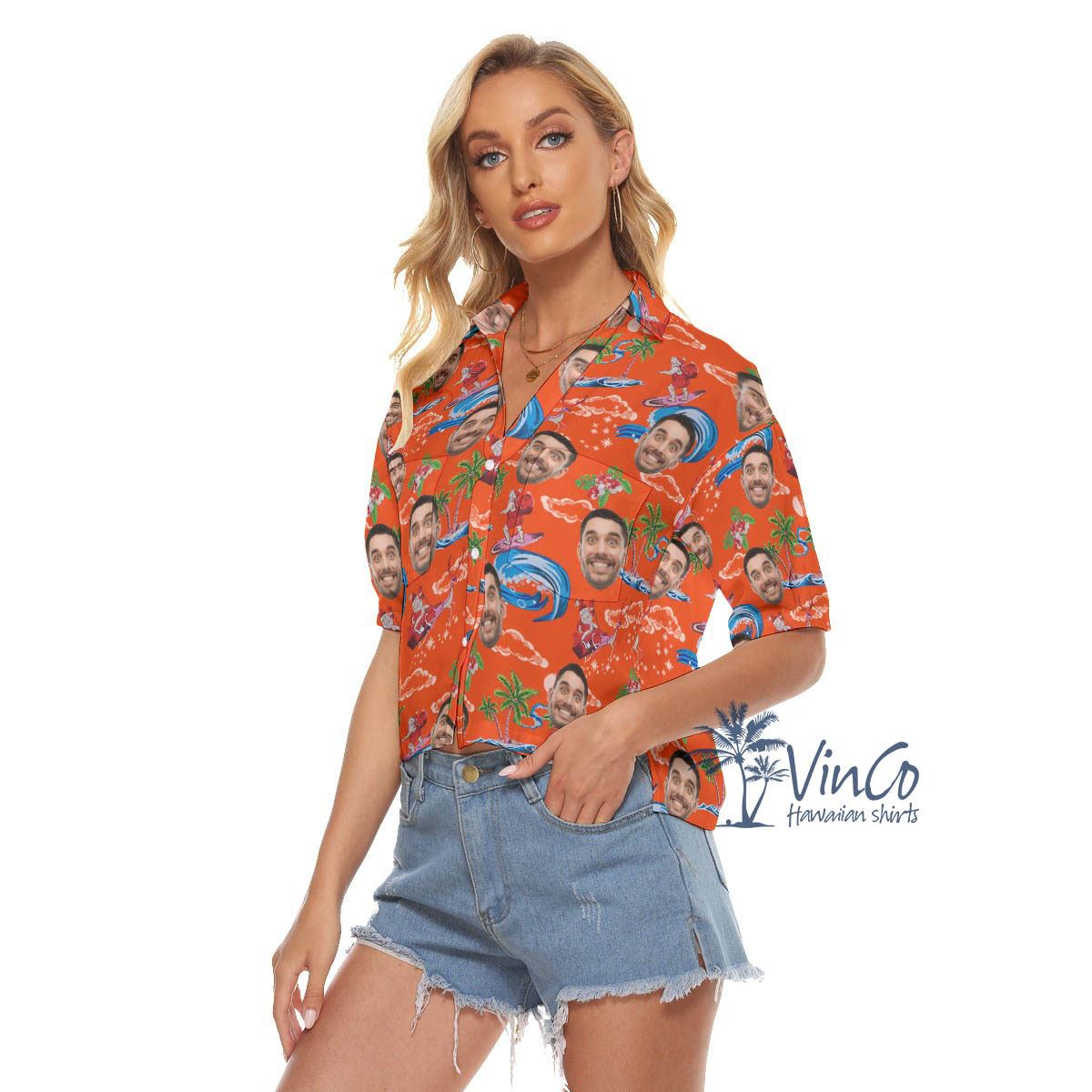 Christmas Santa Claus Hawaiian Cropped Shirt With Custom Face For Women
