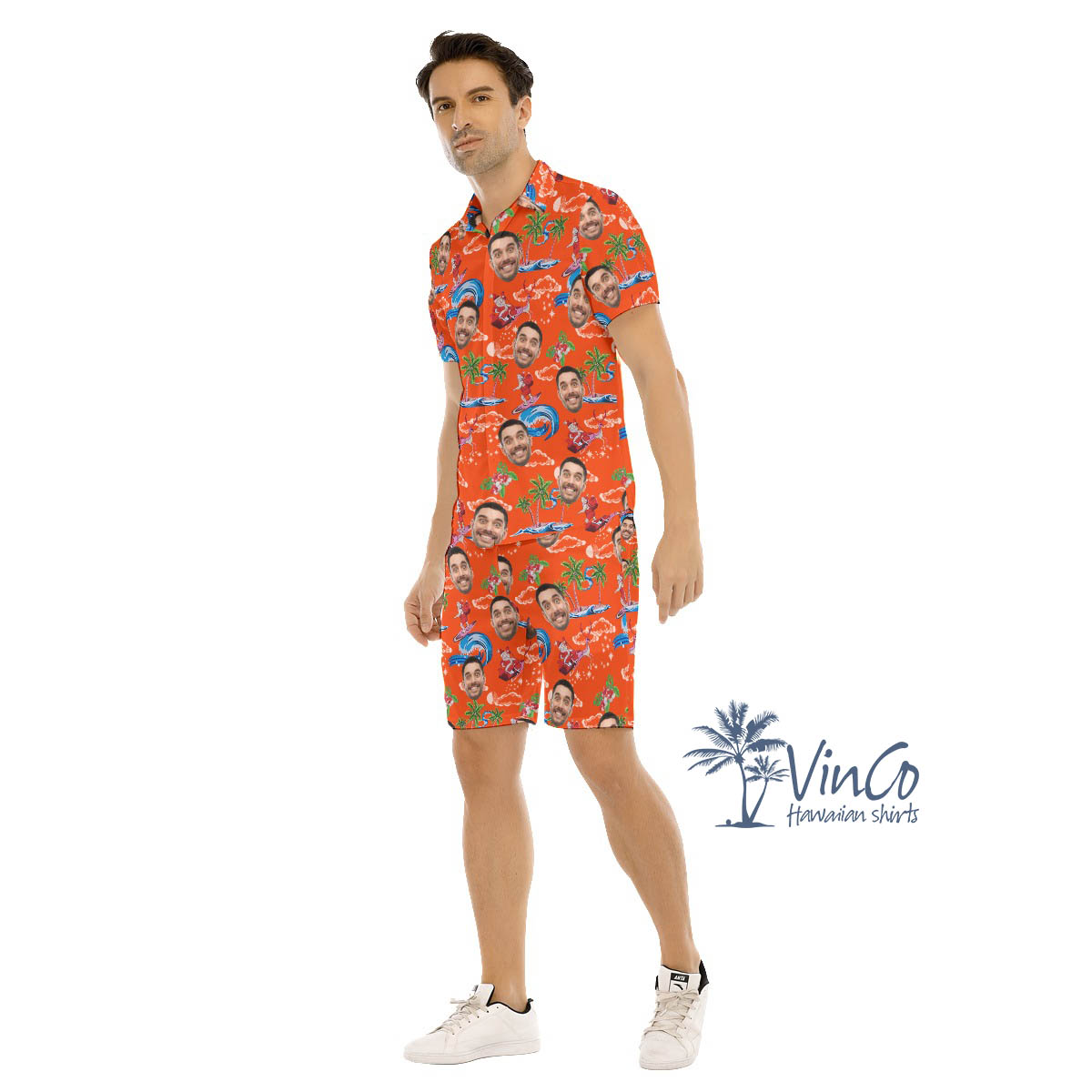 Custom Face Santa Surfing Hawaiian Christmas Shirt And Matching Shorts For Men