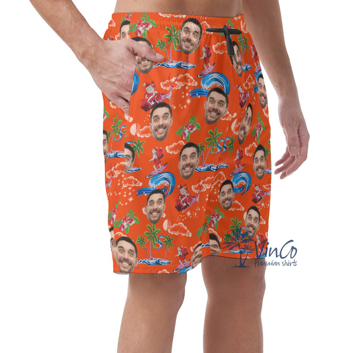Funny Santa Claus Surfing Christmas Hawaiian Beach Shorts With Custom Face