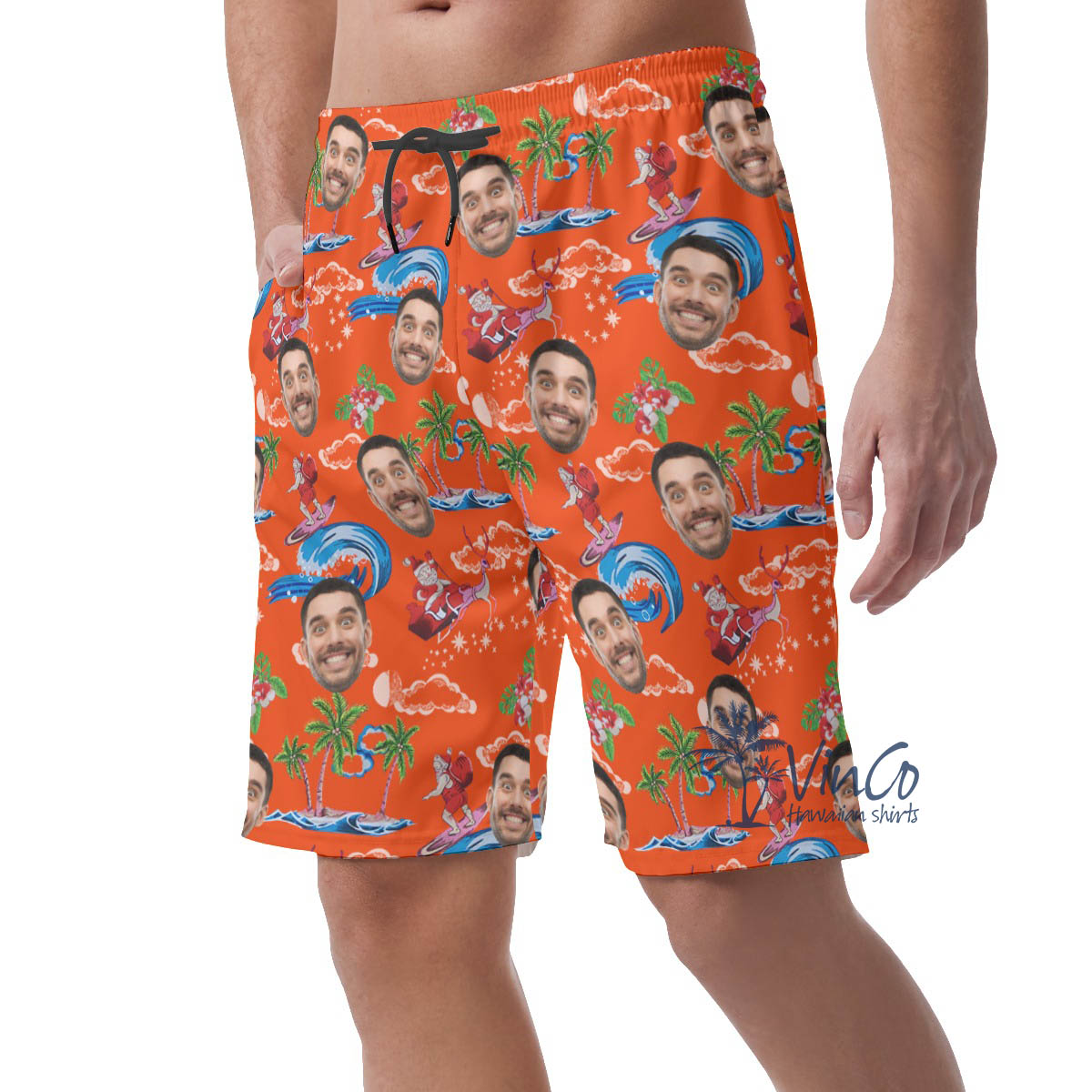 Funny Santa Claus Surfing Christmas Hawaiian Beach Shorts With Custom Face