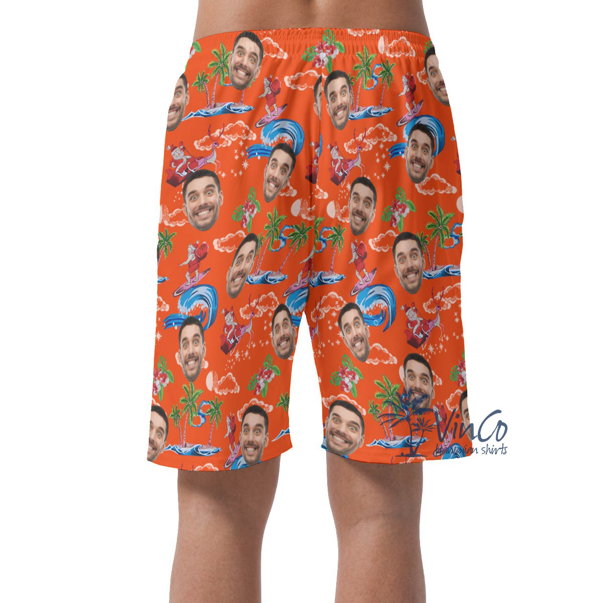 Funny Santa Claus Surfing Christmas Hawaiian Beach Shorts With Custom Face