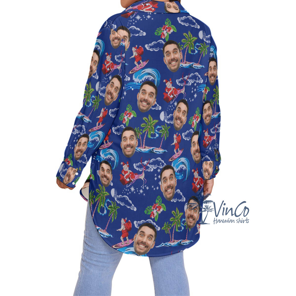 Tropical Santa Surfing Hawaiian Christmas Blouse Shirt With Custom Face