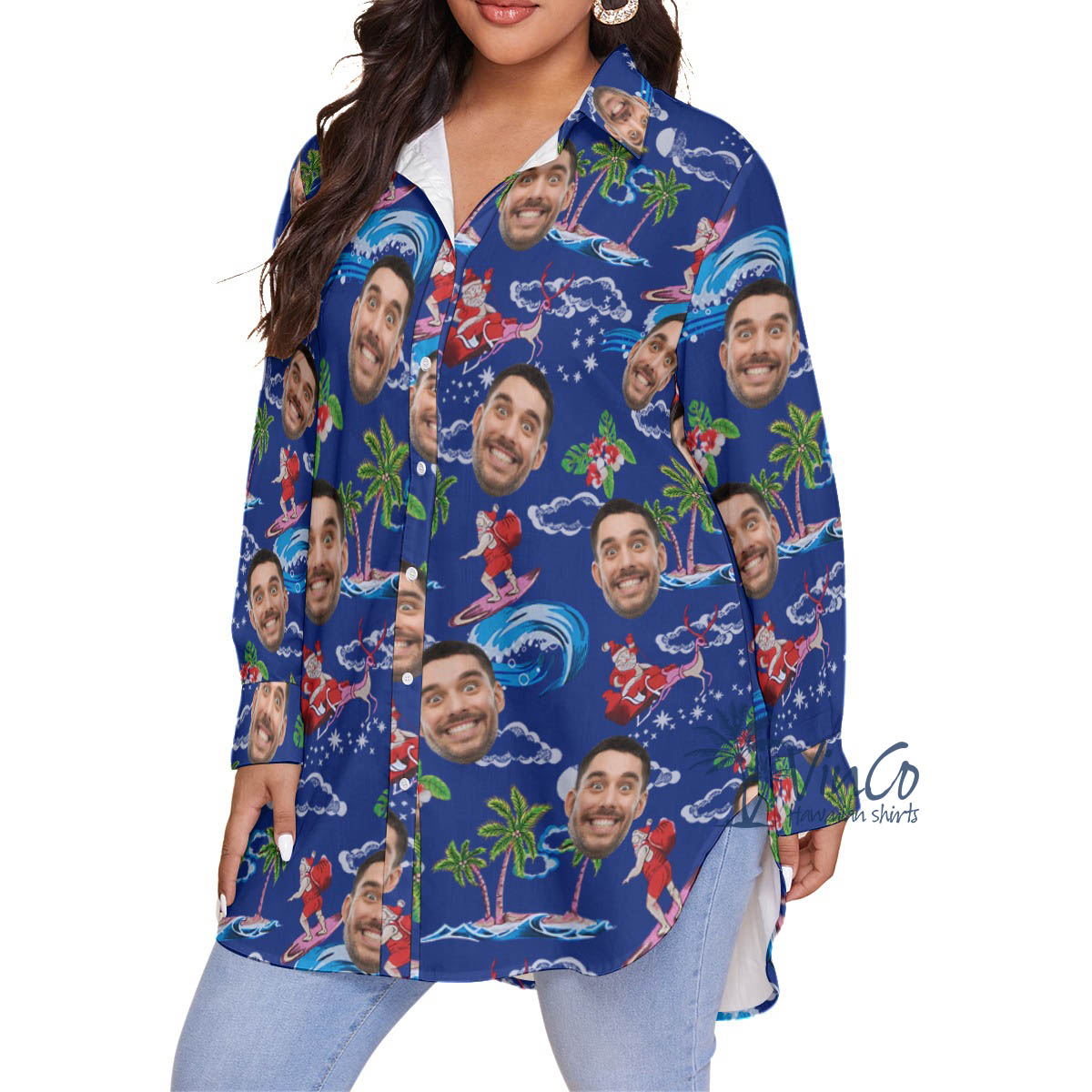 Tropical Santa Surfing Hawaiian Christmas Blouse Shirt With Custom Face
