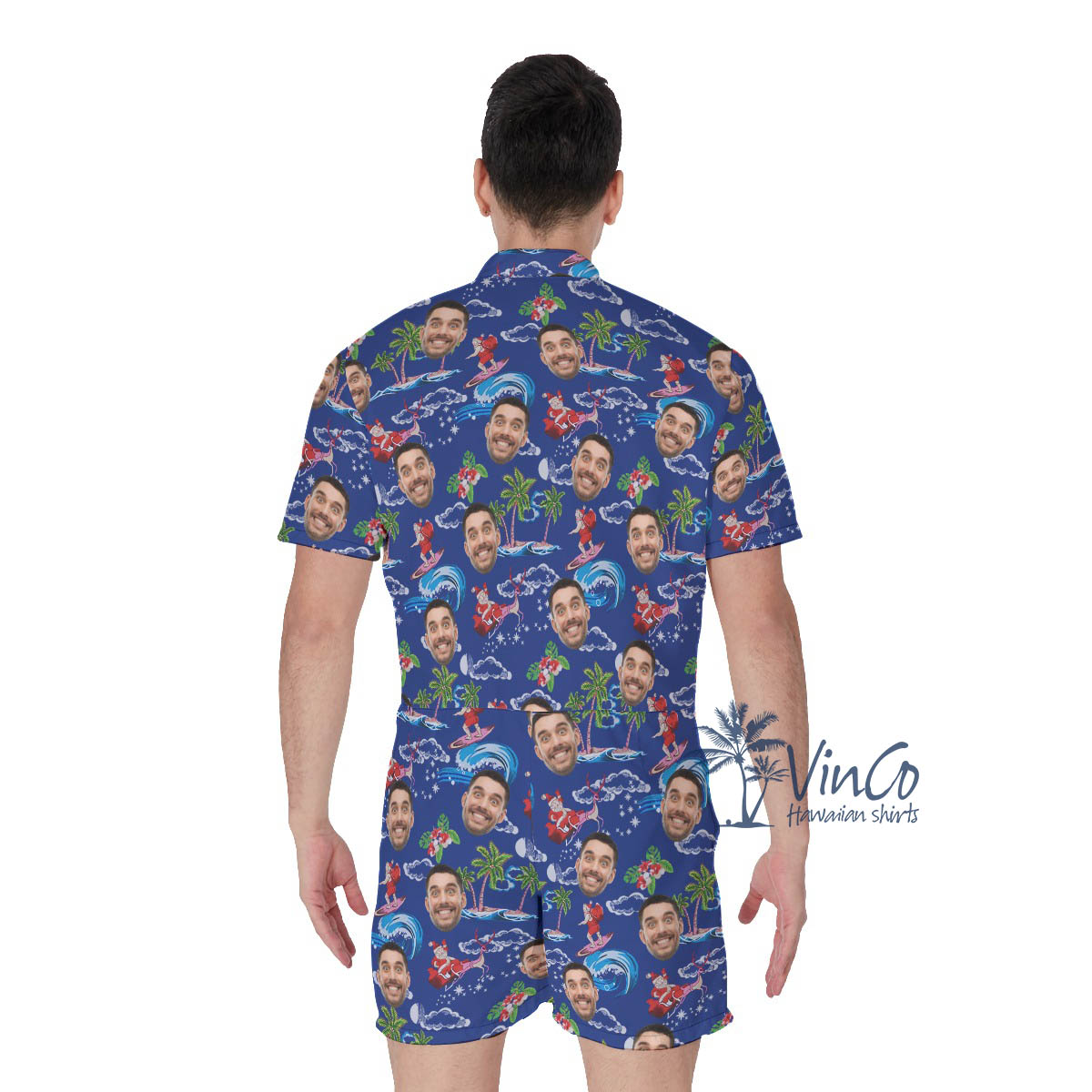 Custom Surfing Santa Christmas Hawaiian Romper With Face