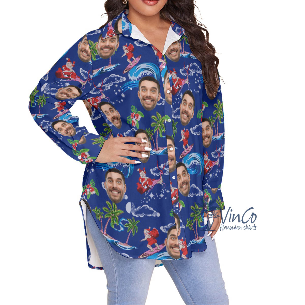 Tropical Santa Surfing Hawaiian Christmas Blouse Shirt With Custom Face