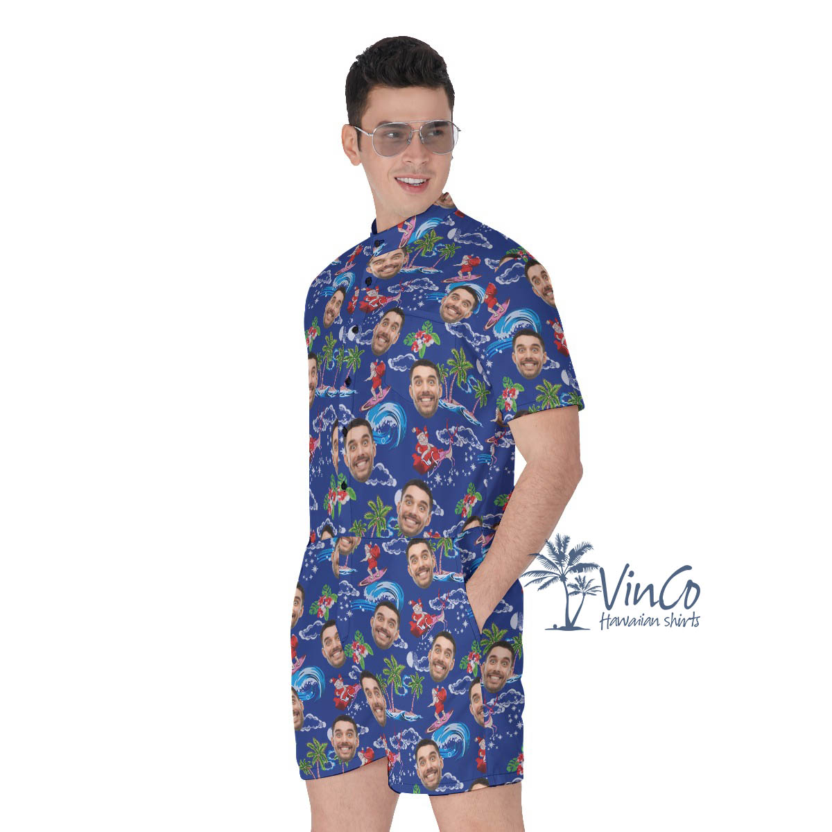 Custom Surfing Santa Christmas Hawaiian Romper With Face