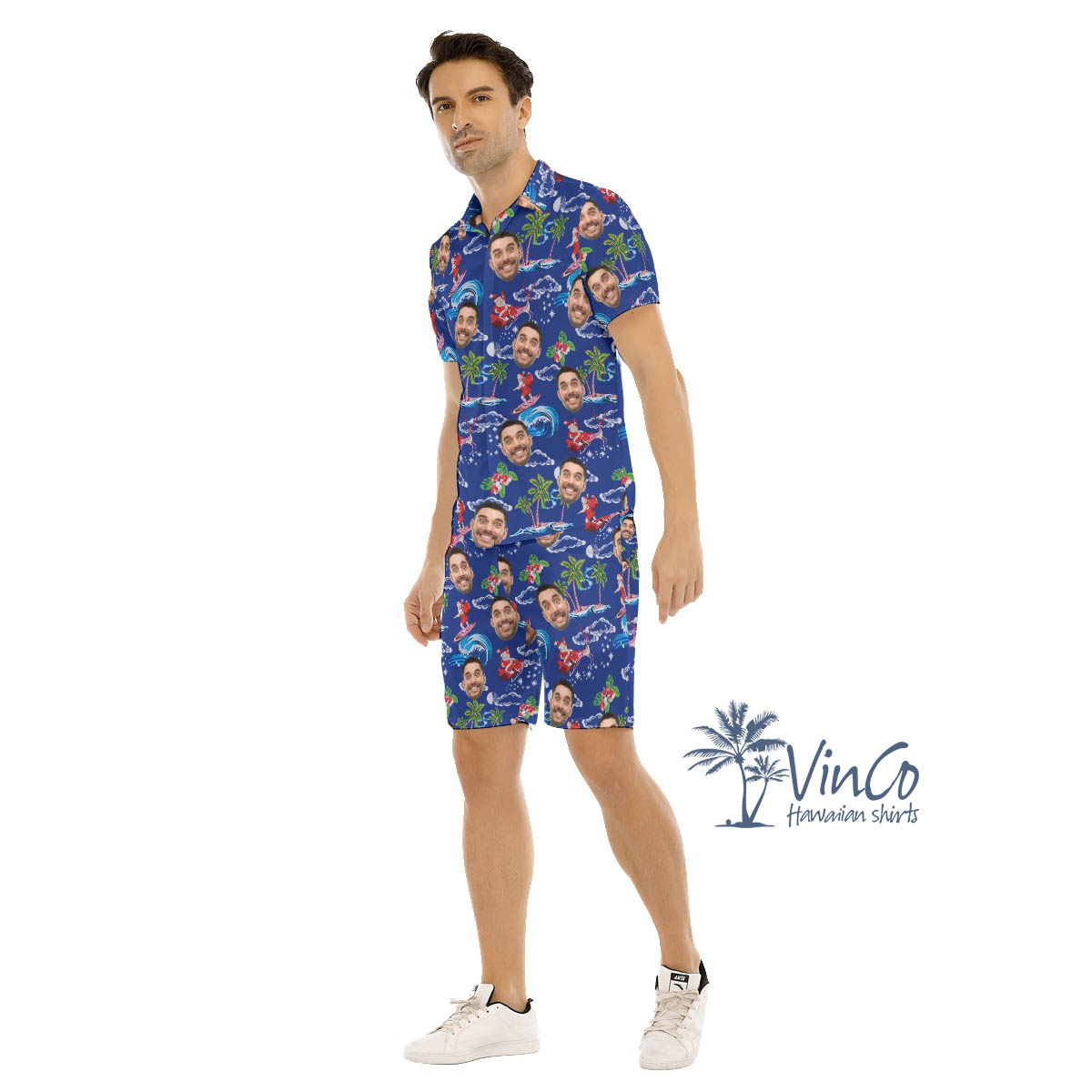 Set Custom Face Santa Christmas Navy Hawaiian Shirt And Shorts For Men