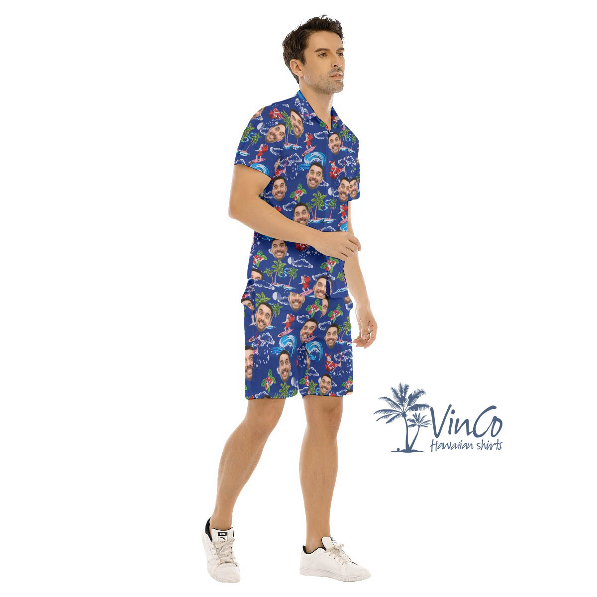Set Custom Face Santa Christmas Navy Hawaiian Shirt And Shorts For Men
