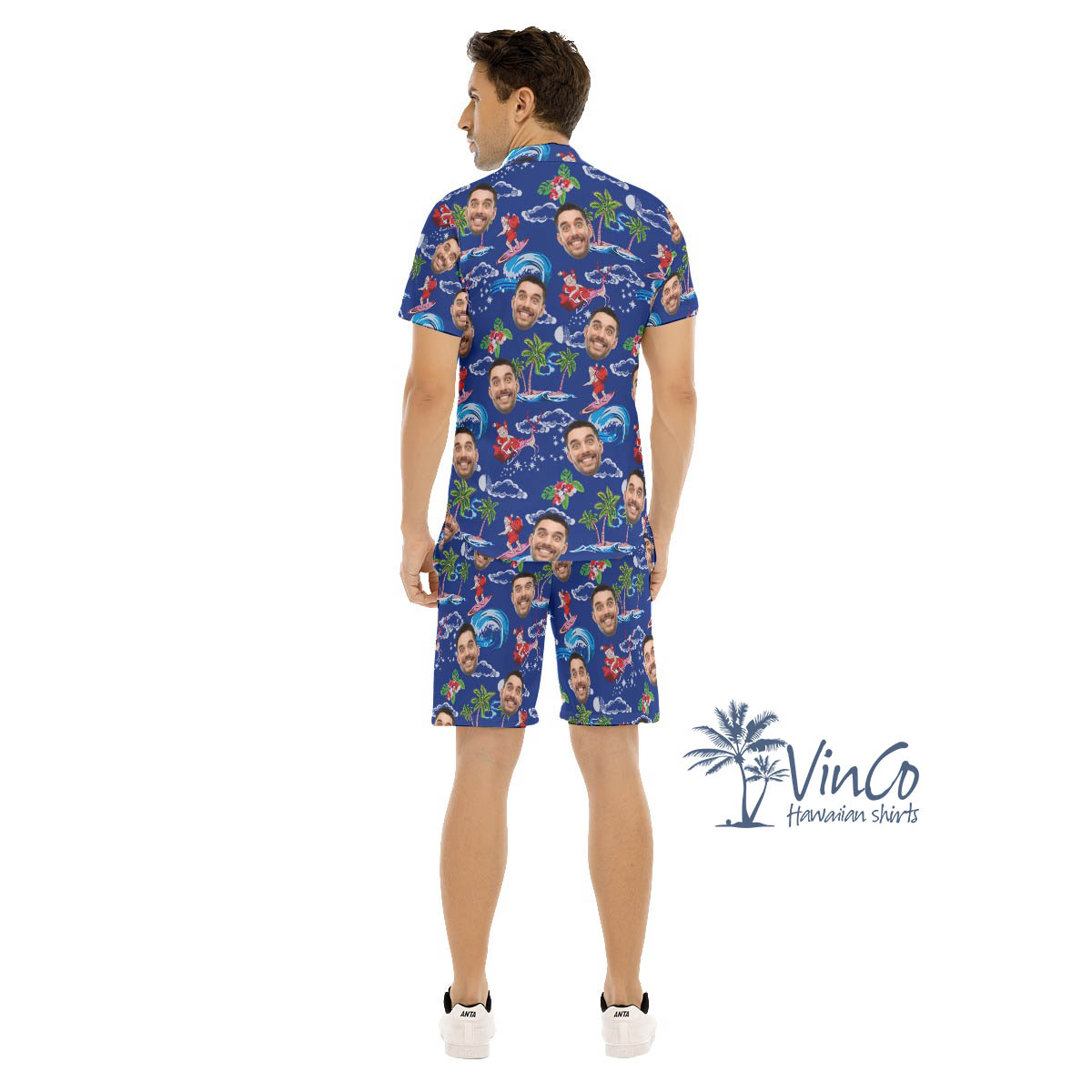 Set Custom Face Santa Christmas Navy Hawaiian Shirt And Shorts For Men