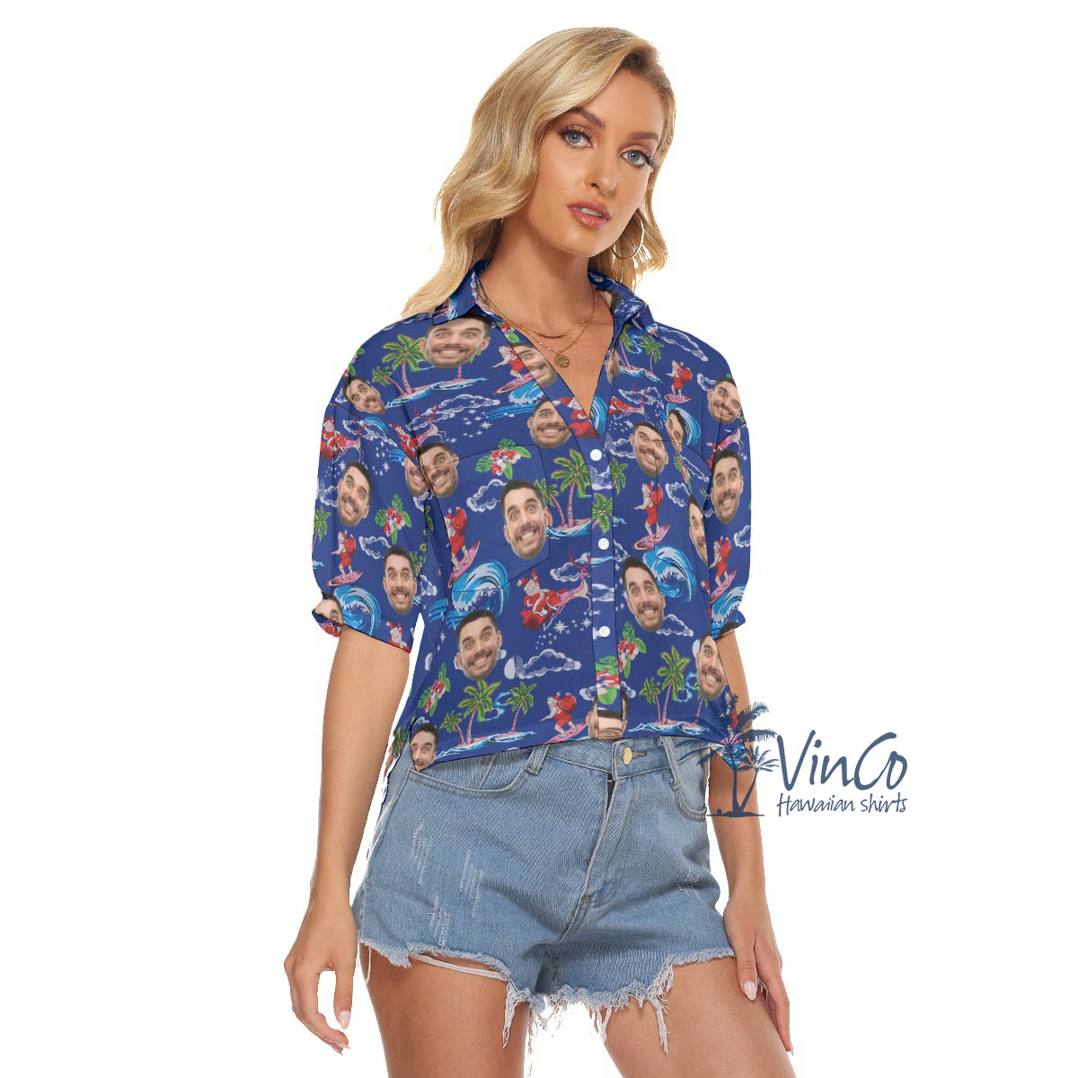Funny Santa Claus Surfing Christmas Hawaiian Crop Top Shirt With Custom Face