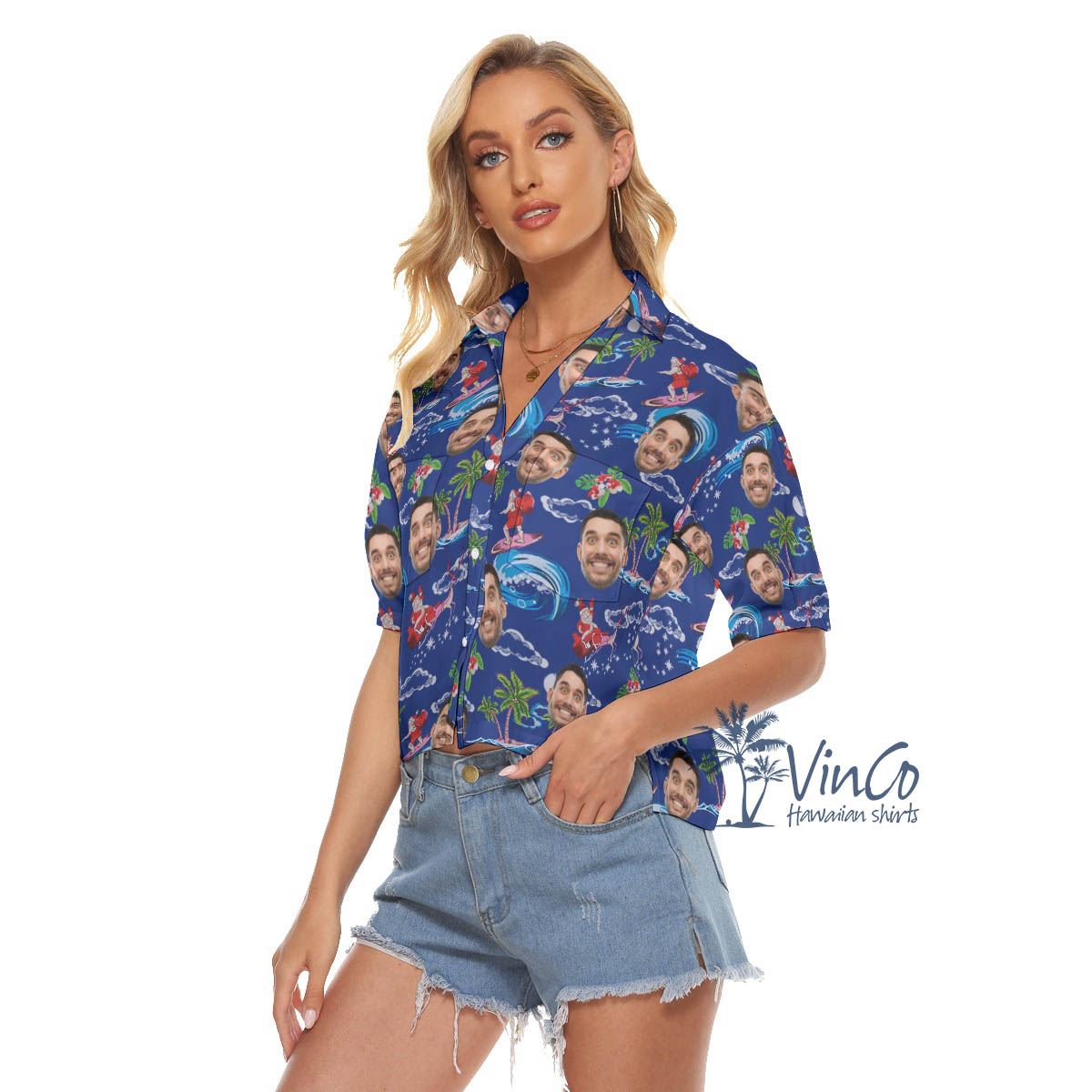 Funny Santa Claus Surfing Christmas Hawaiian Crop Top Shirt With Custom Face