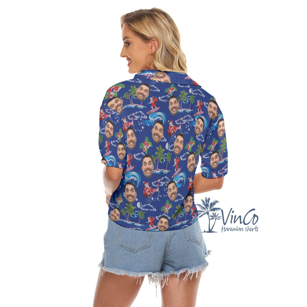 Funny Santa Claus Surfing Christmas Hawaiian Crop Top Shirt With Custom Face