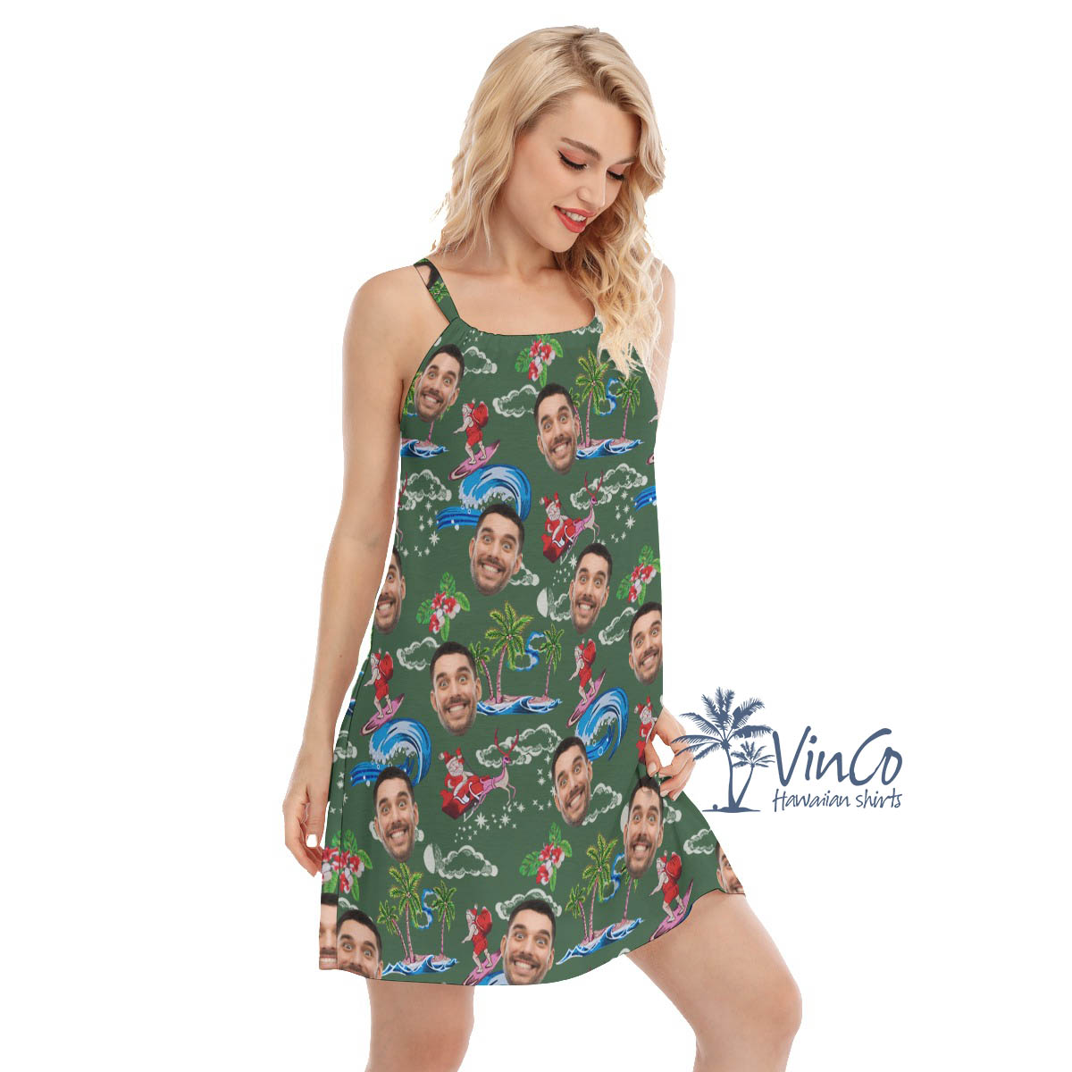 Funny Custom Face Santa Claus Surfing Green Hawaiian Shirt