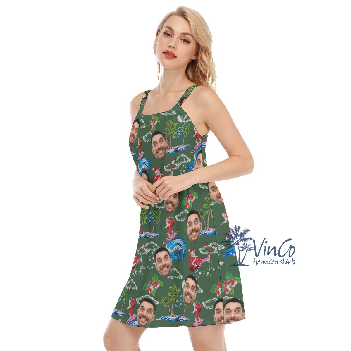 Funny Custom Face Santa Claus Surfing Green Hawaiian Shirt