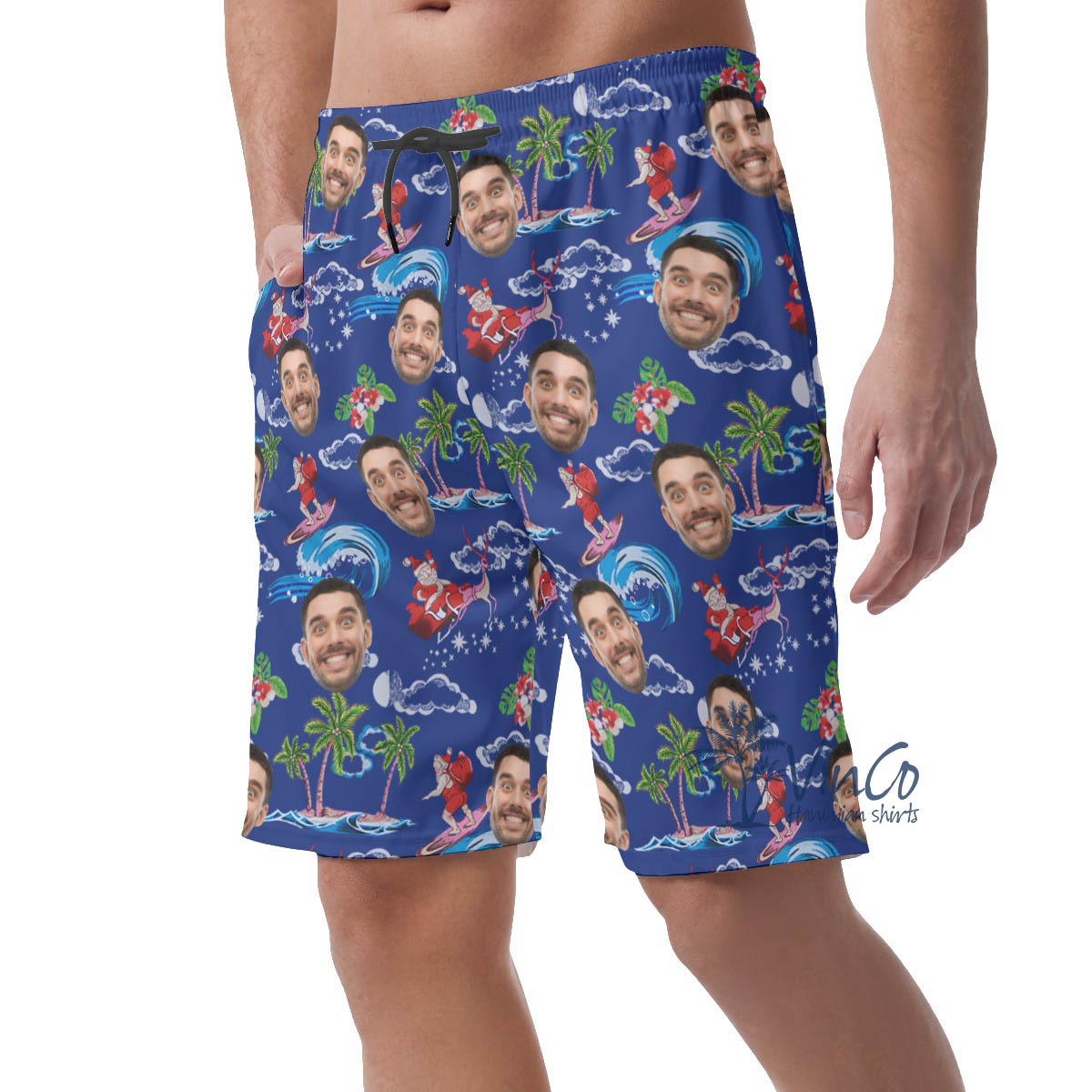 Funny Custom Face Santa Christmas Hawaiian Beach Shorts For Men