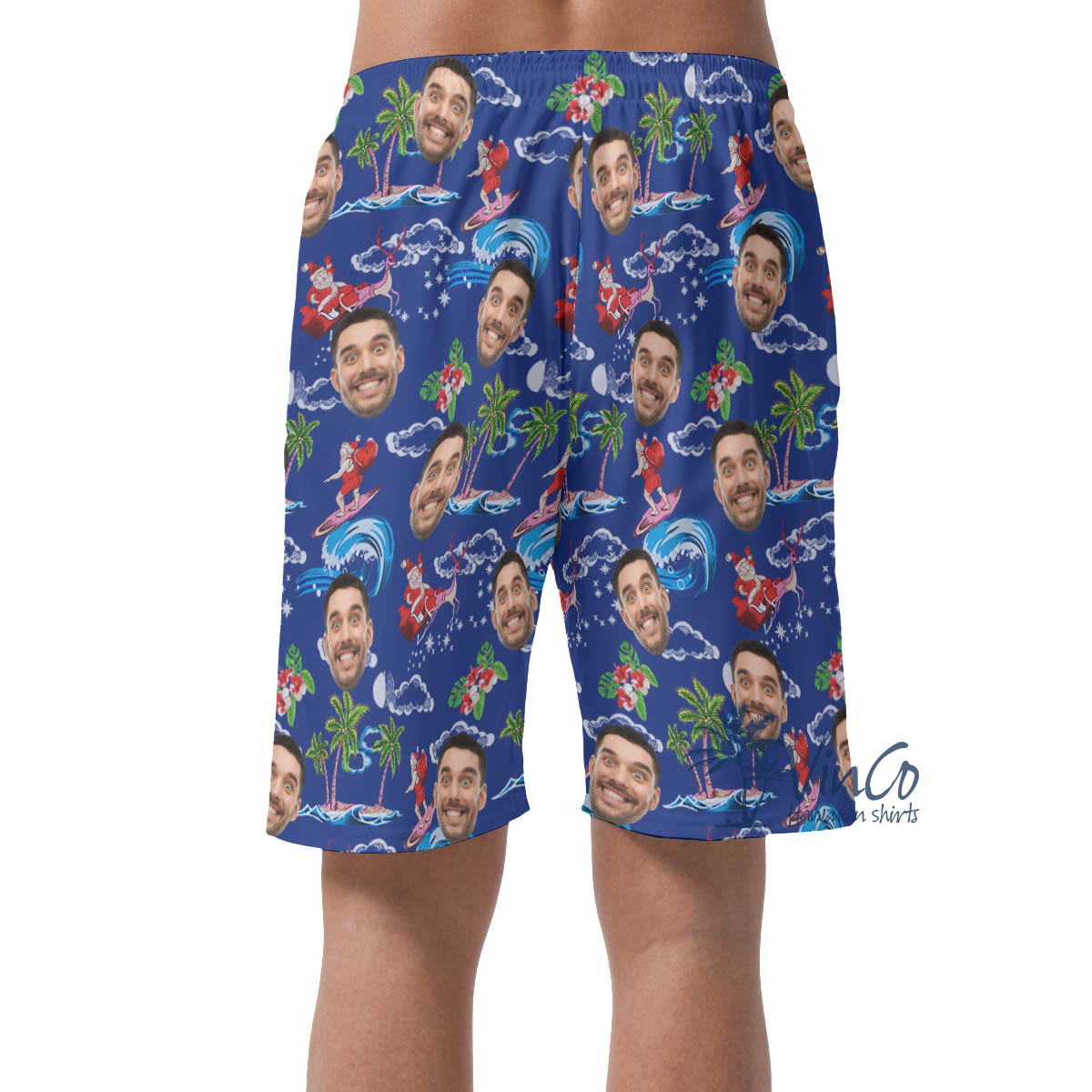 Funny Custom Face Santa Christmas Hawaiian Beach Shorts For Men