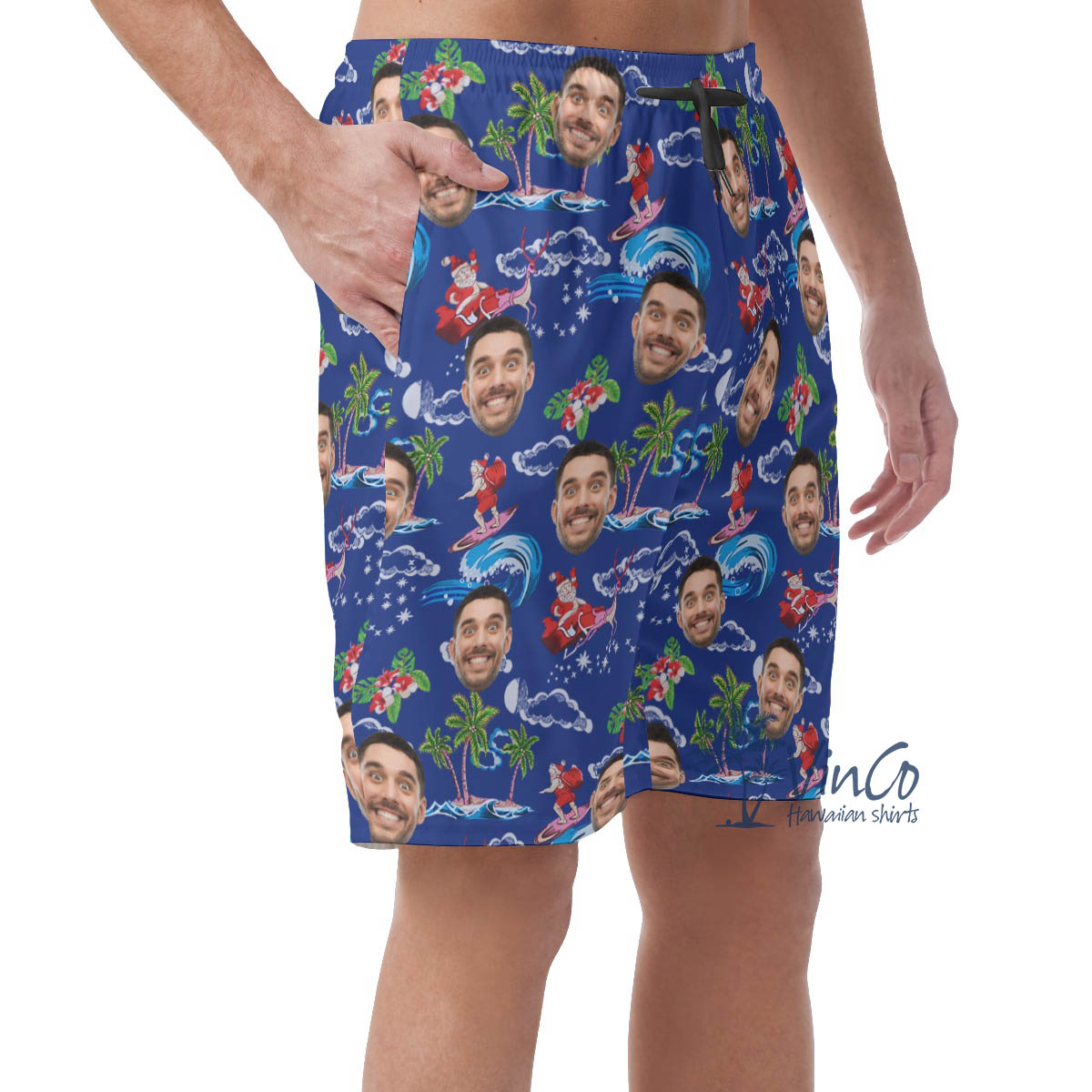 Funny Custom Face Santa Christmas Hawaiian Beach Shorts For Men