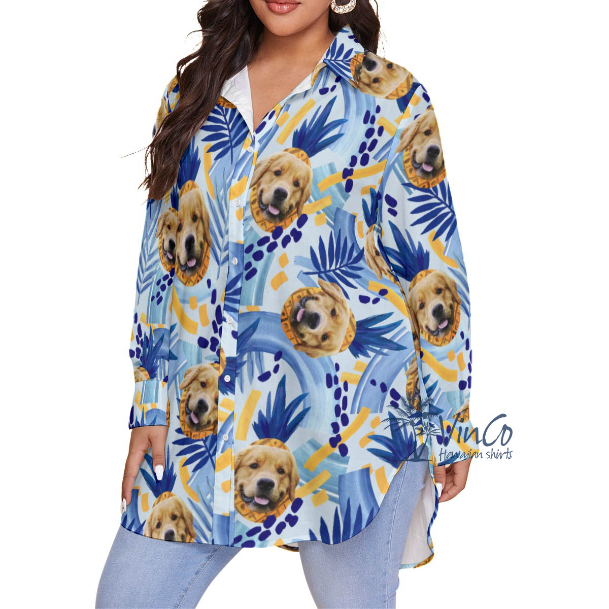 Custom Dog Face Oversized Hawaiian Shirt With Pineapples For Women