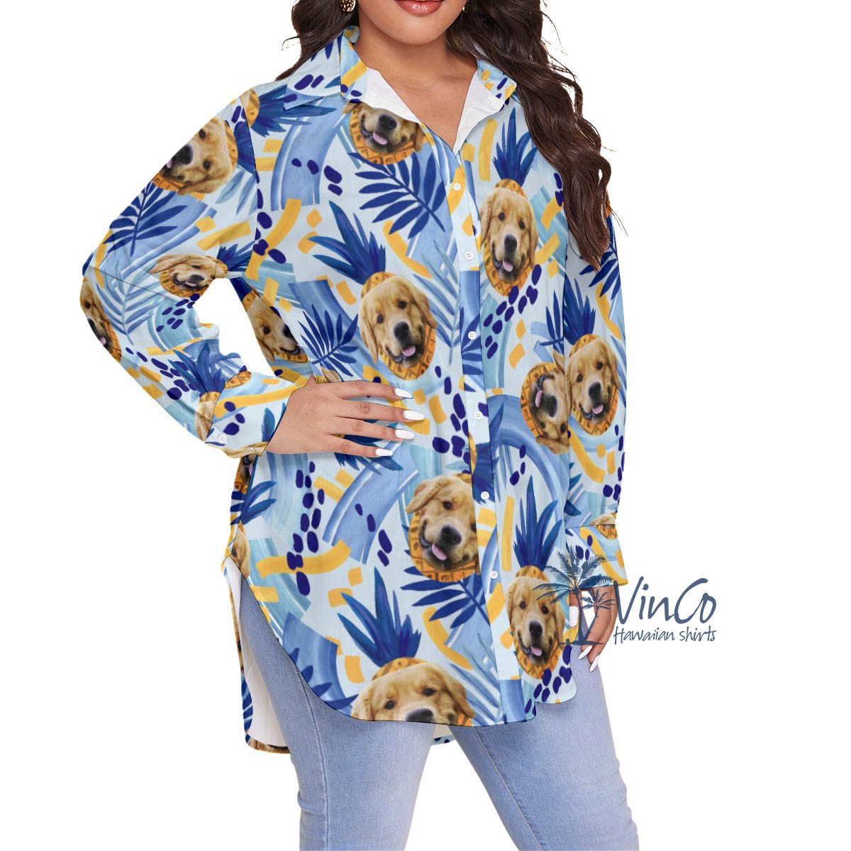 Custom Dog Face Oversized Hawaiian Shirt With Pineapples For Women