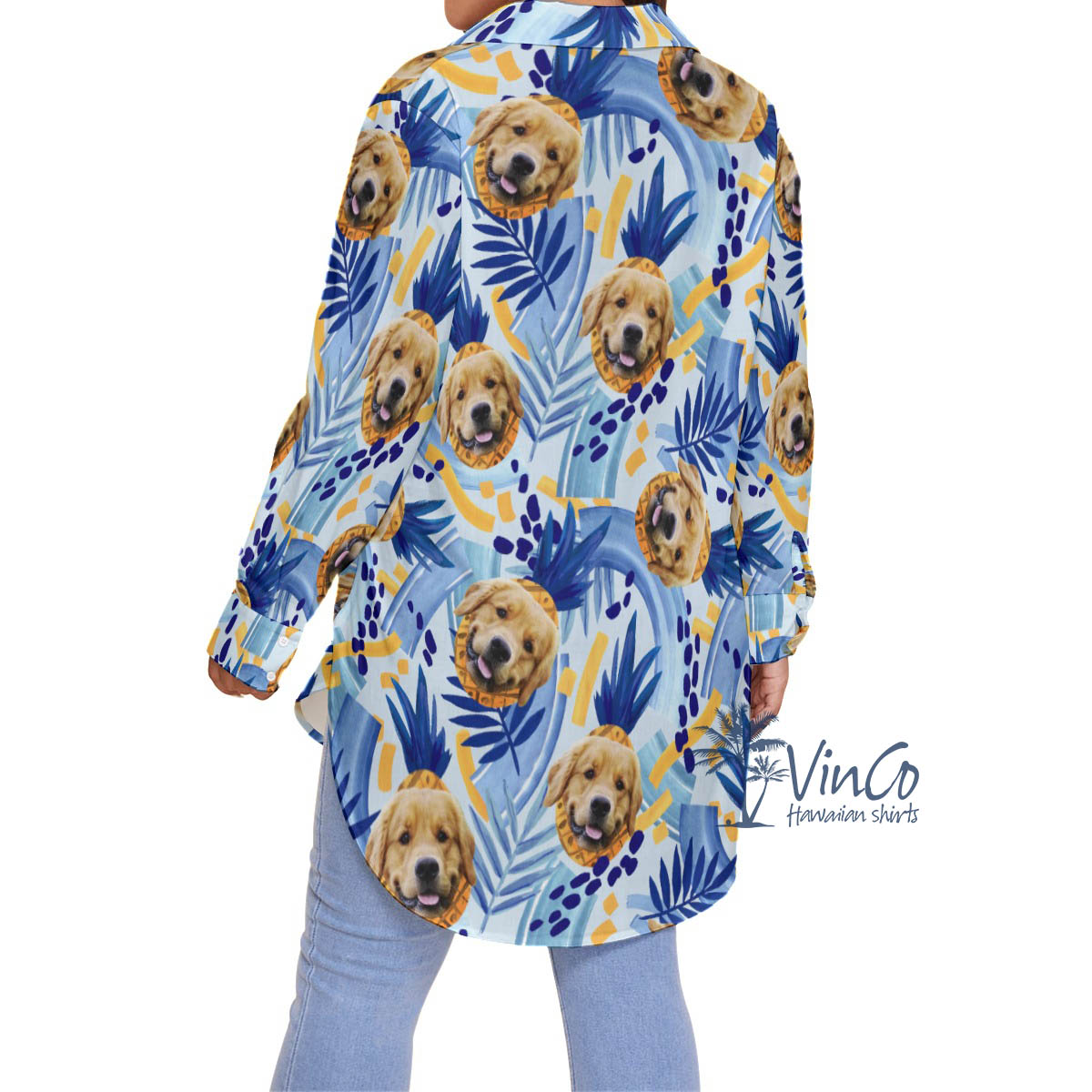 Custom Dog Face Oversized Hawaiian Shirt With Pineapples For Women