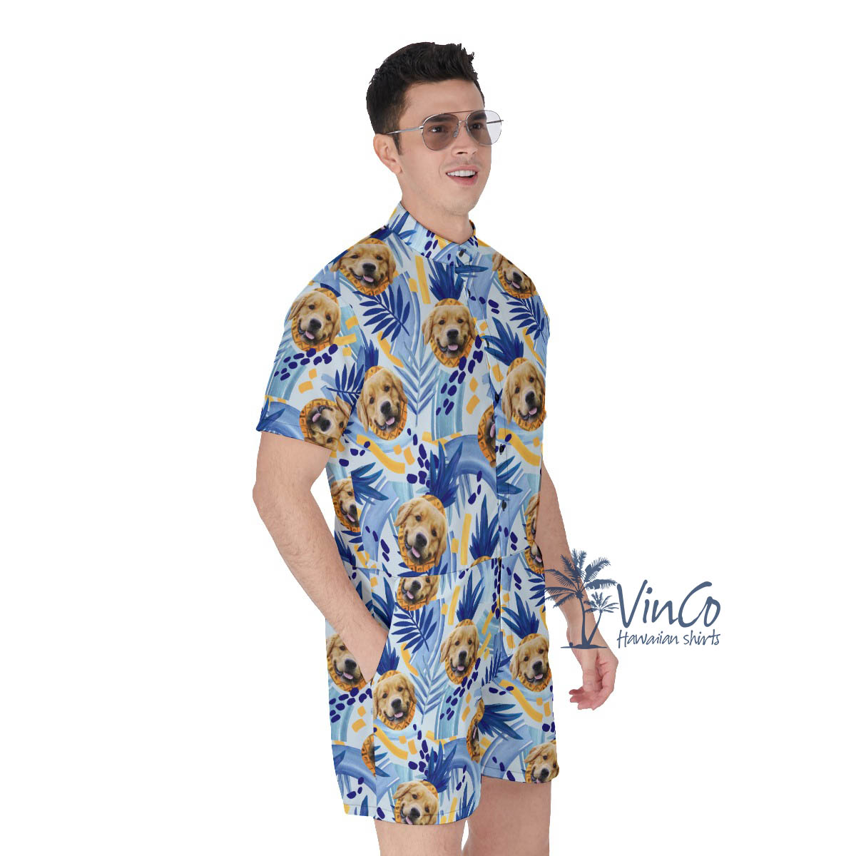 Custom Dog Face Tropical Romper For Men With Pineapple