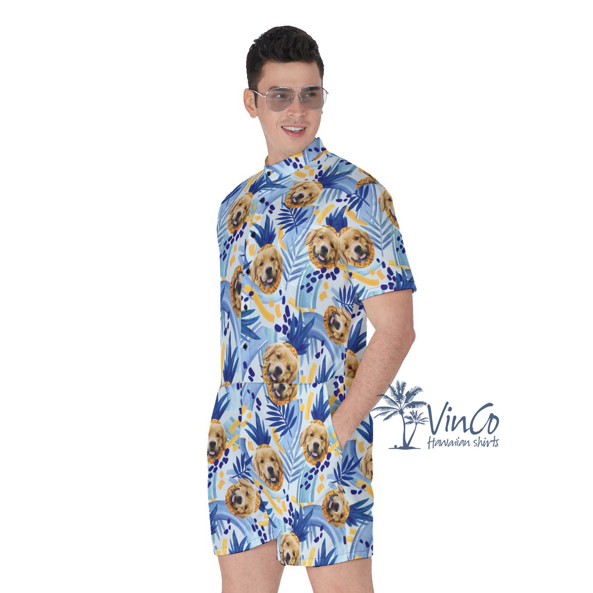 Custom Dog Face Tropical Romper For Men With Pineapple